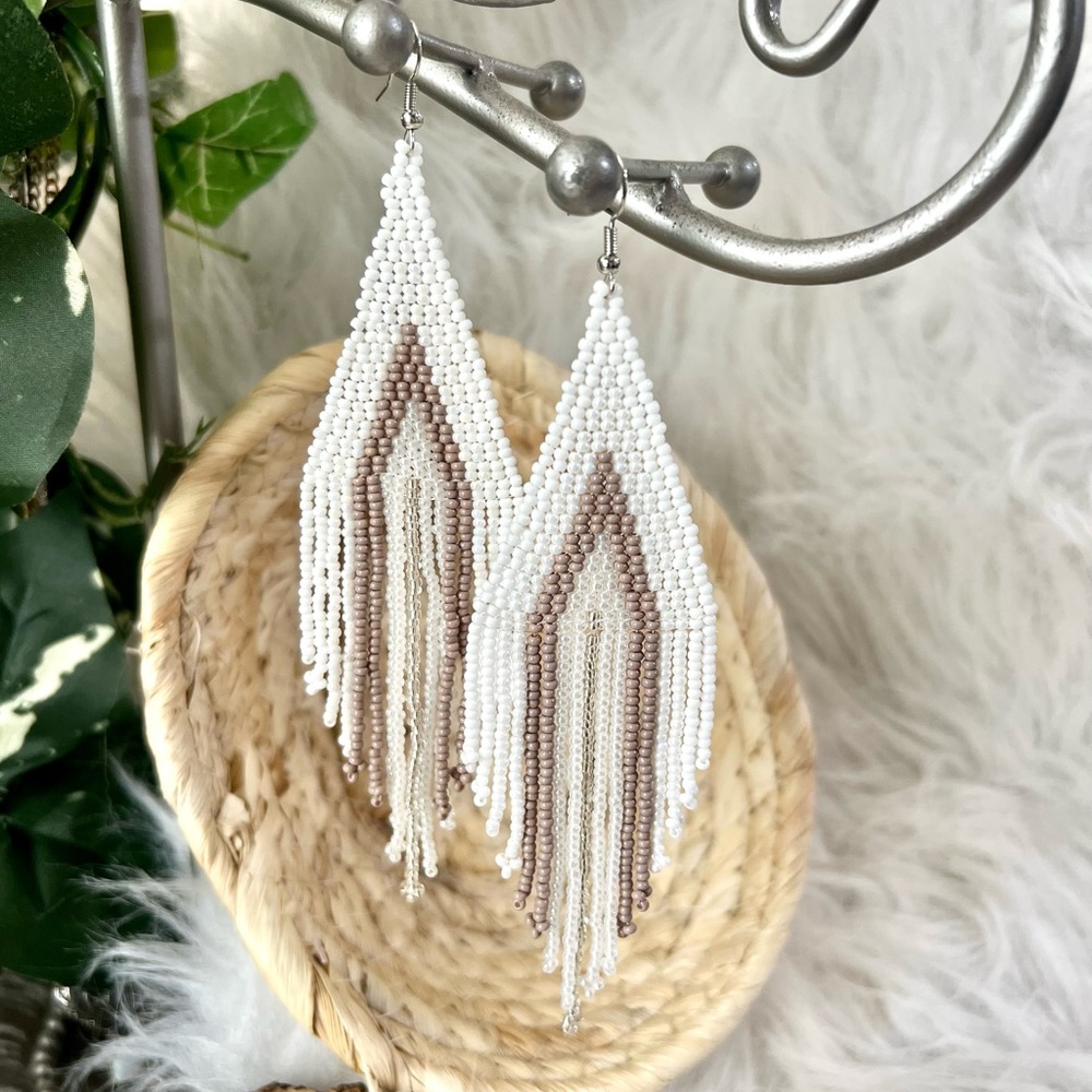 Boho White Bead Fringe Earrings
